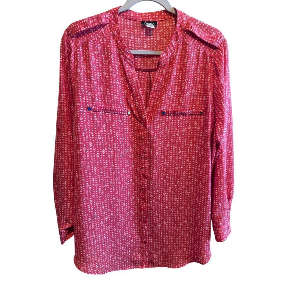 Simply Emma Button Up Red White V-Neck Long Sleeve Roll Tab Sleeve Plus Sz 1X
